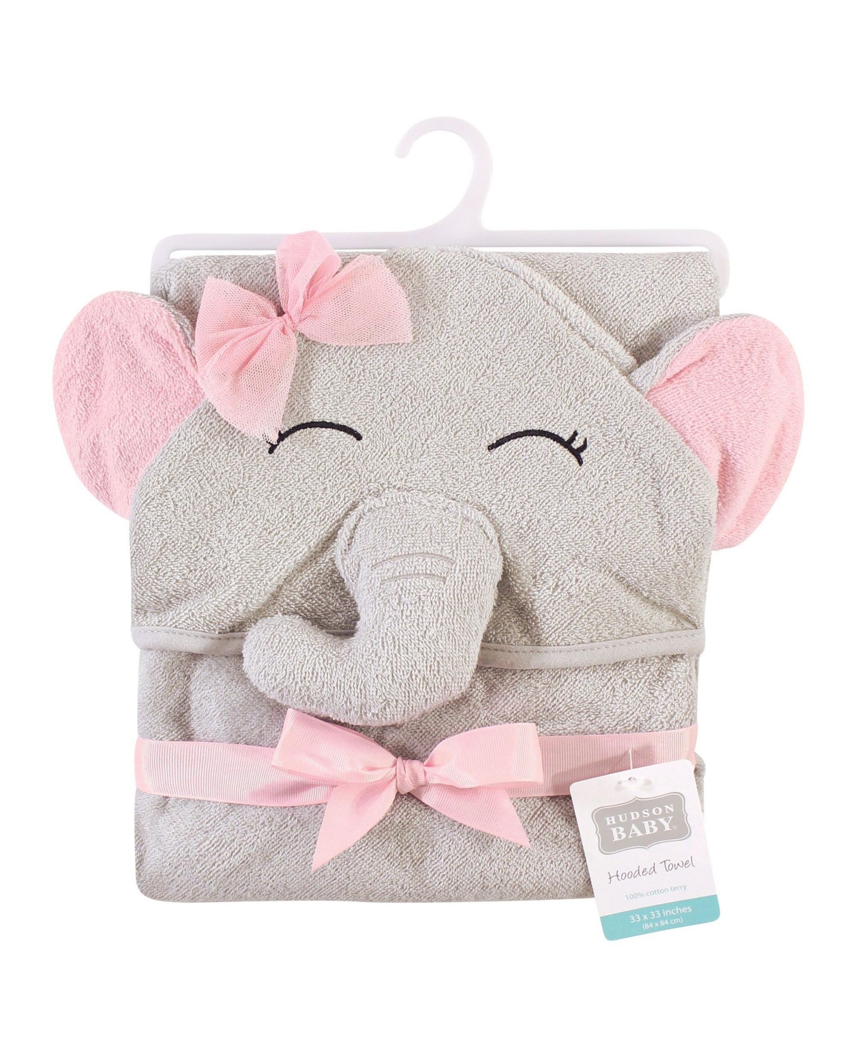 Hudson Baby Infant Girl Cotton Animal Face Hooded Towel, Pretty Elephant 2-Piece, One Size