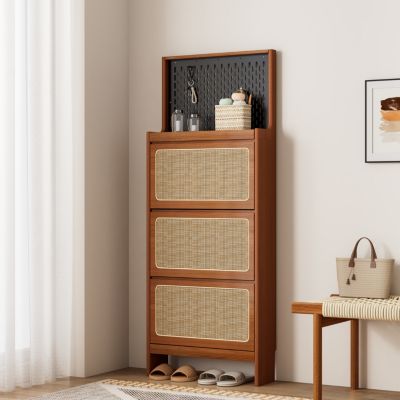 Slim Rattan Shoe Cabinet with Flip-up Storage & Handy Top
