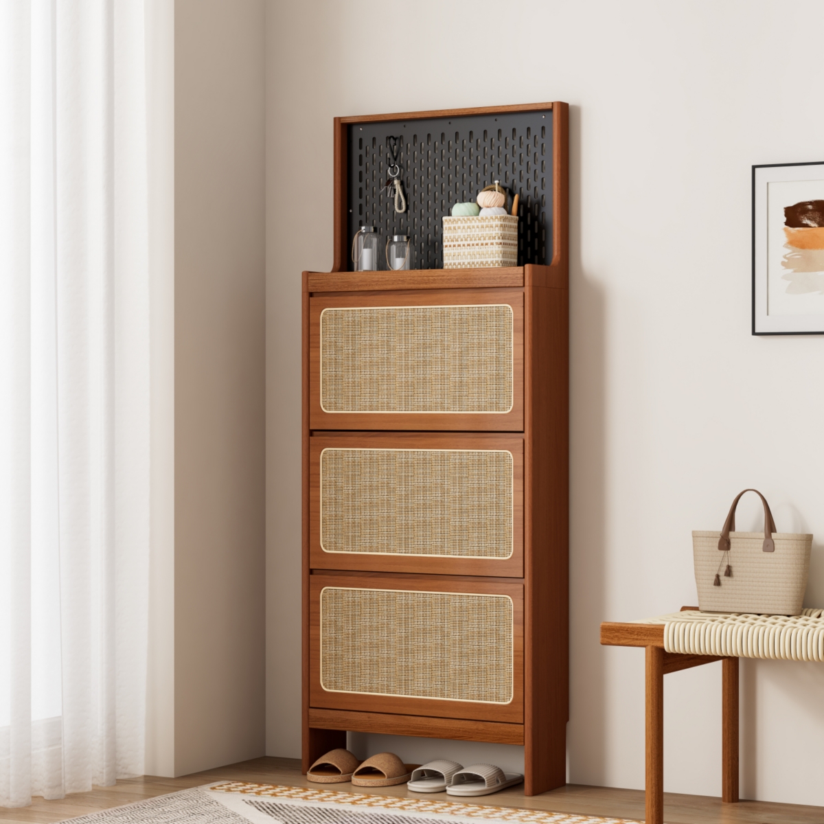 Streamdale Furniture Slim Rattan Shoe Cabinet with Flip-up Storage & Handy Top