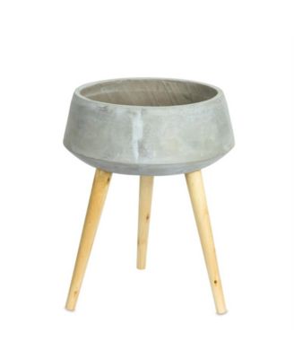 Cement Bowl Planter With Wood Legs 17.5"h