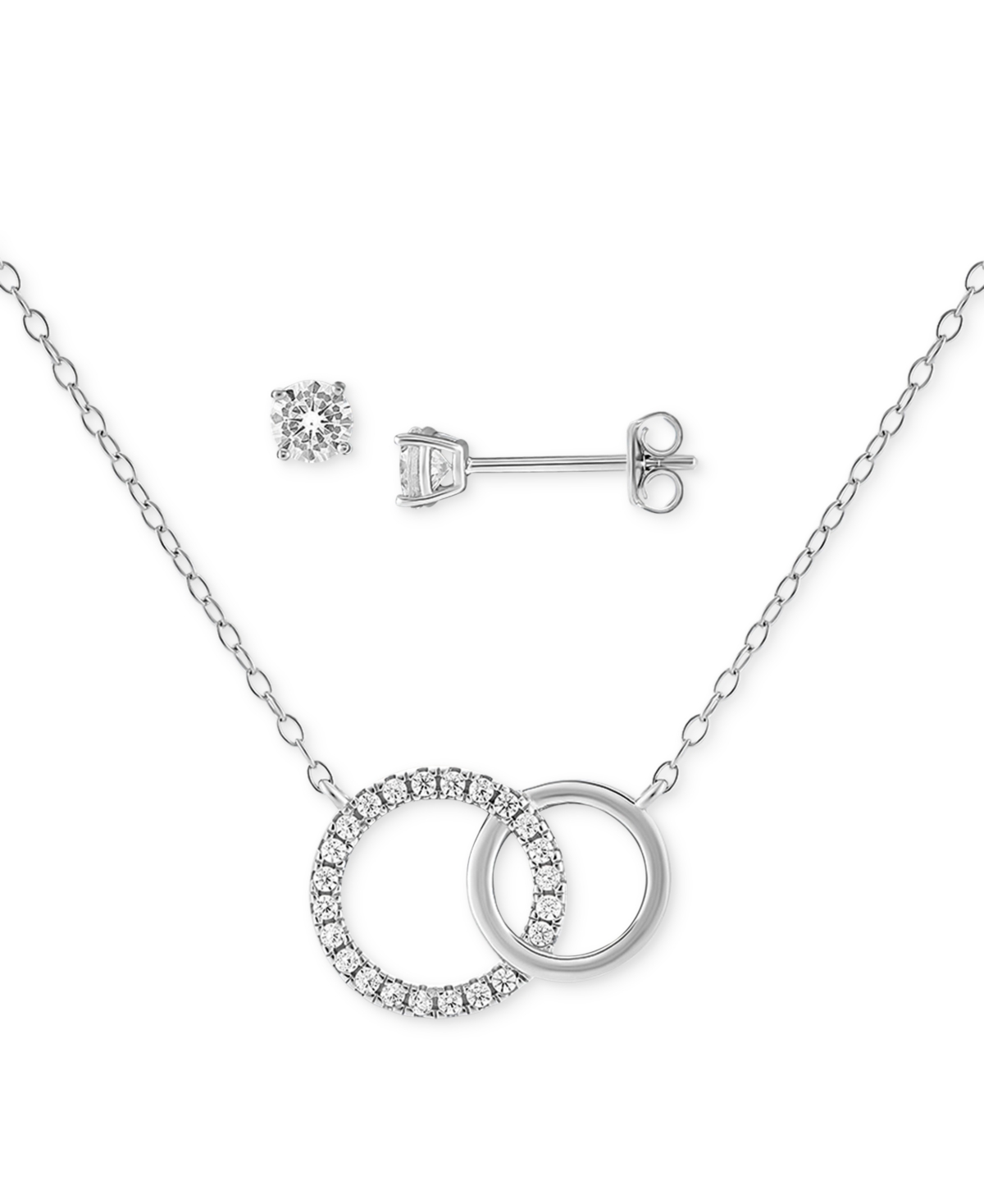 2-Pc. Set Cubic Zirconia Interlocking Rings Pendant Necklace & Complementing Stud Earrings in Sterling Silver, Created for Macy's - Ster