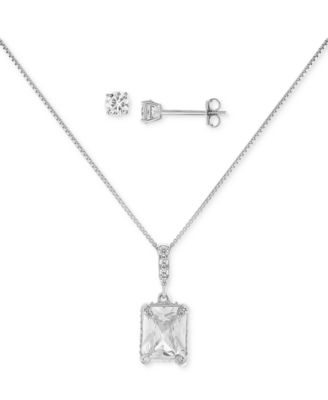 Giani Bernini - 2-Pc. Set Cubic Zirconia Emerald-Cut Pendant Necklace & Complementing Stud Earrings in Sterling Silver