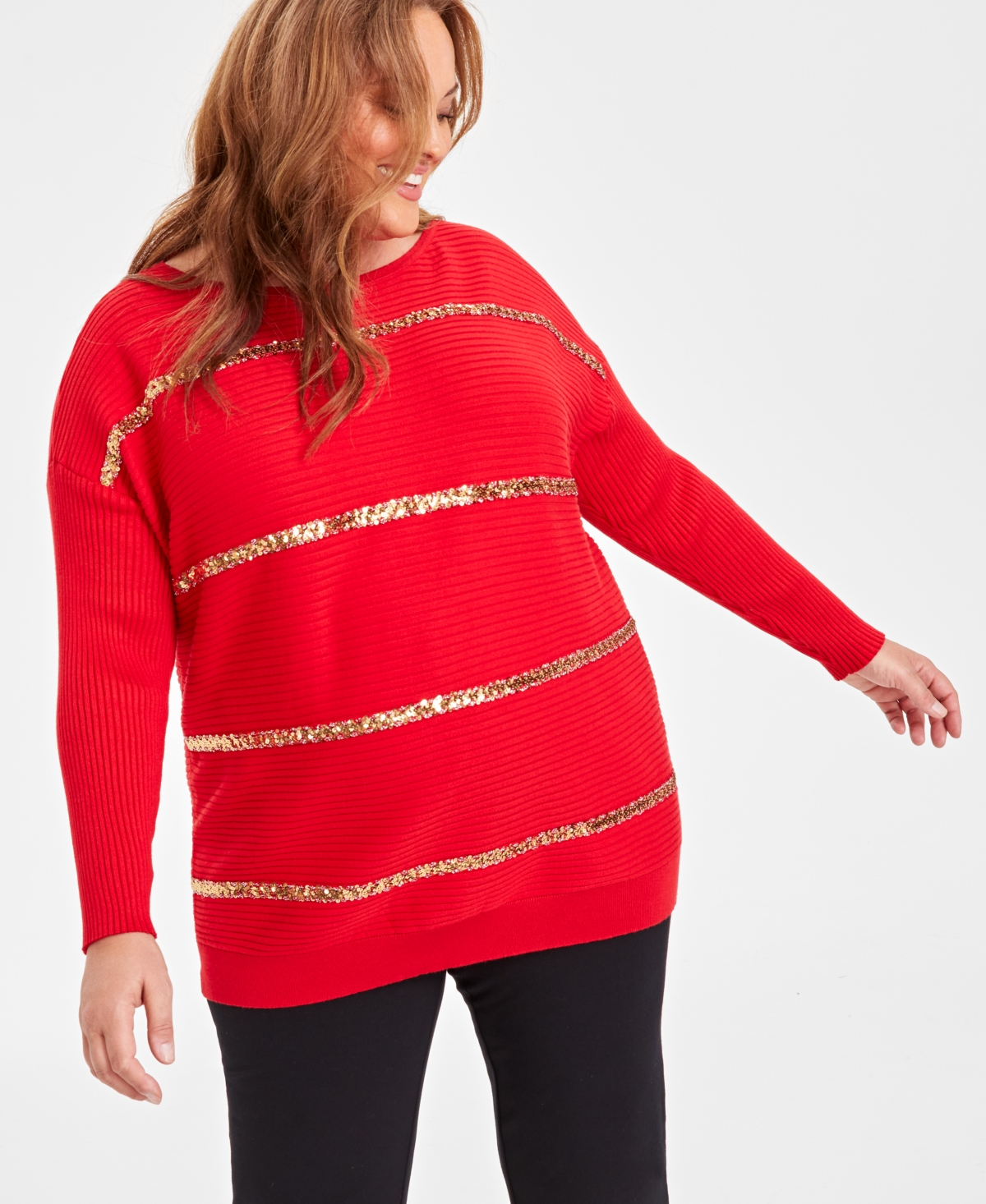 JM COLLECTION PLUS SIZE SEQUIN-STRIPE BOAT-NECK SWEATER, CREATED FOR MACY'S 