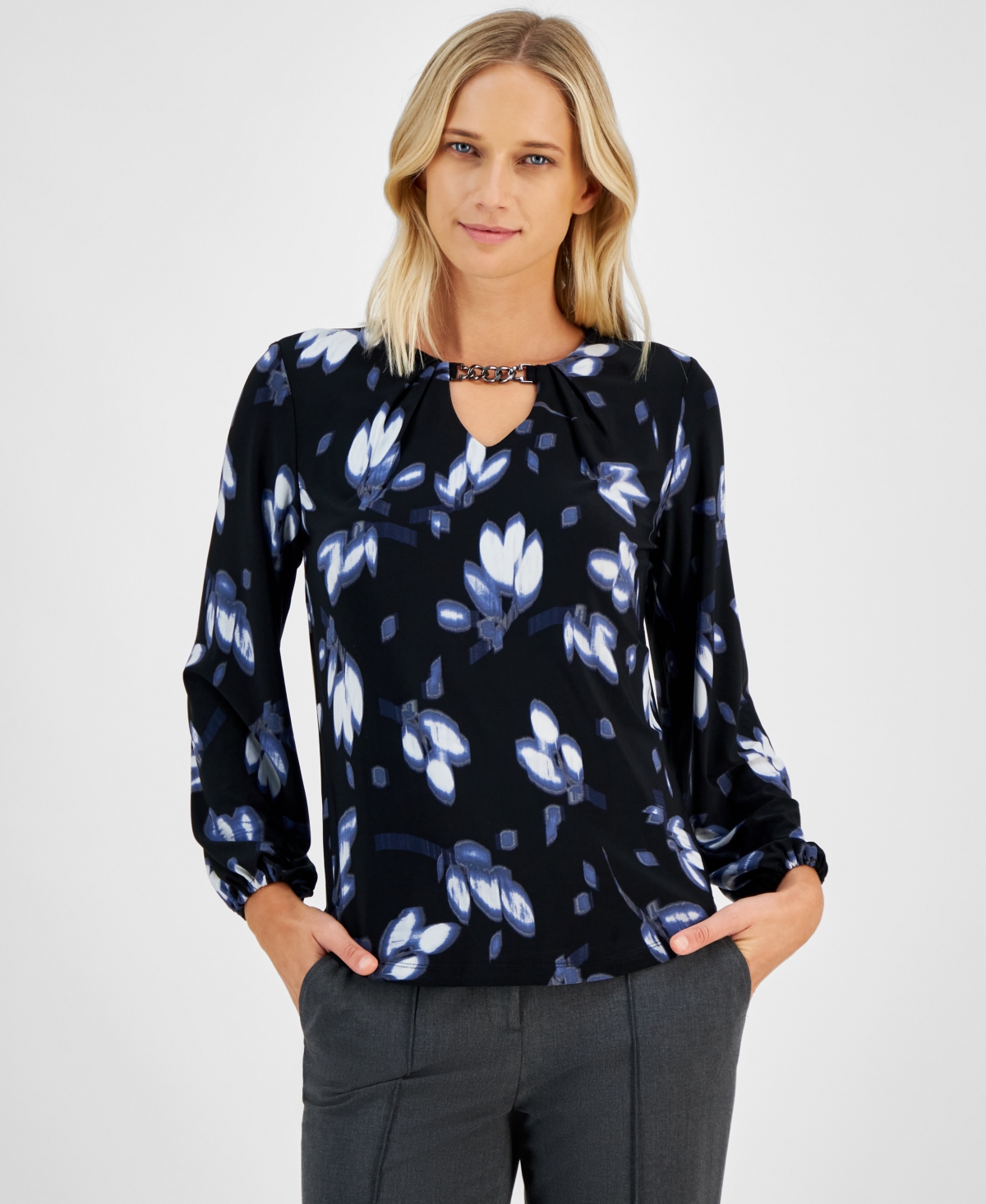 Shop Anne Klein Women's Printed Keyhole Blouson-sleeve Blouse In Midnight Dusk
