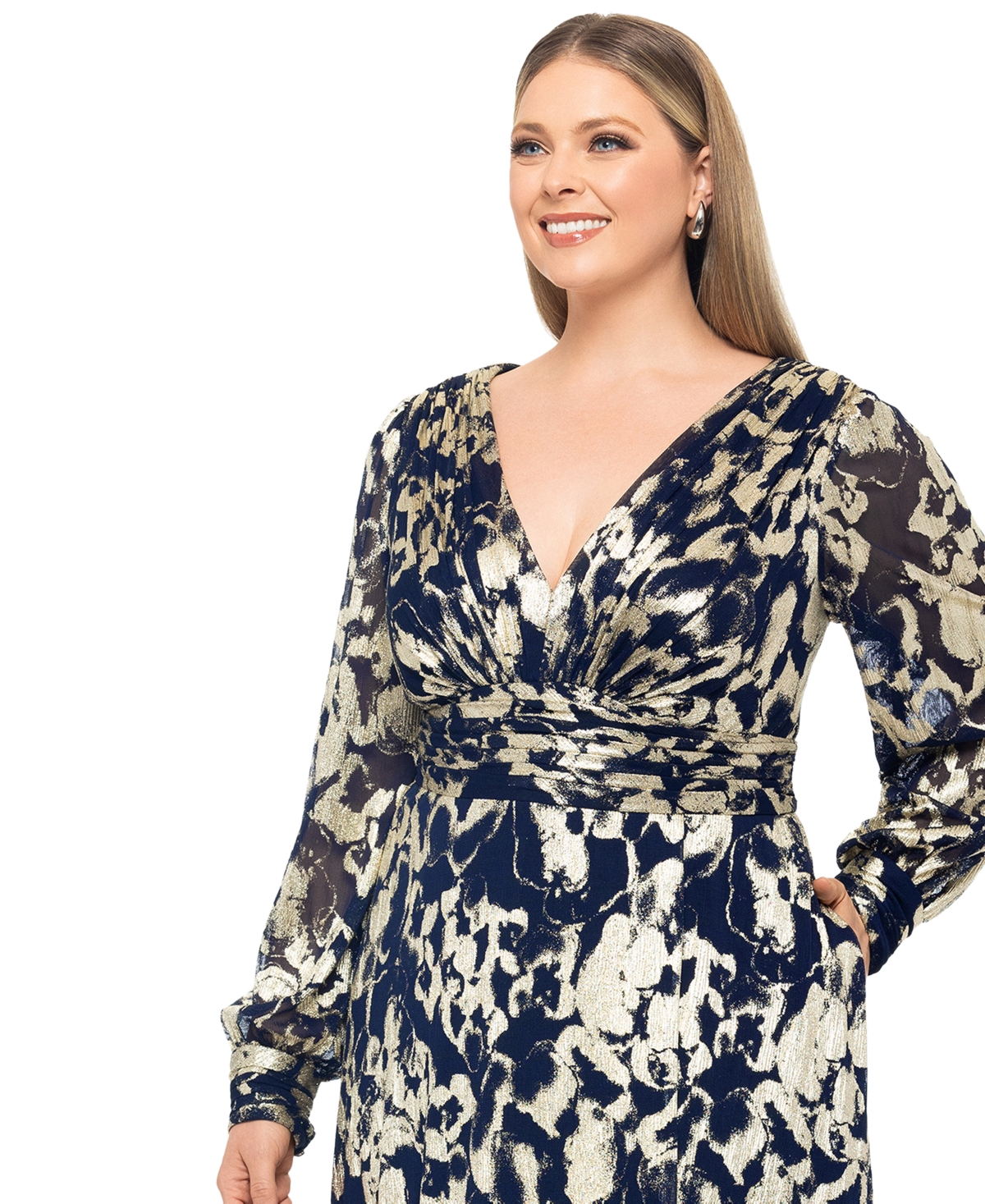 Betsy & Adam Plus Size V-Neck Foil Mesh A-Line Dress -Gold