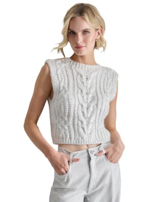 DKNY Jeans - Petite Cropped Cable-Knit Metallic-Threaded Sleeveless Sweater