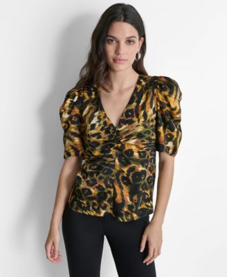 DKNY - Women's Printed Puff-Sleeve V-Neck Blouse