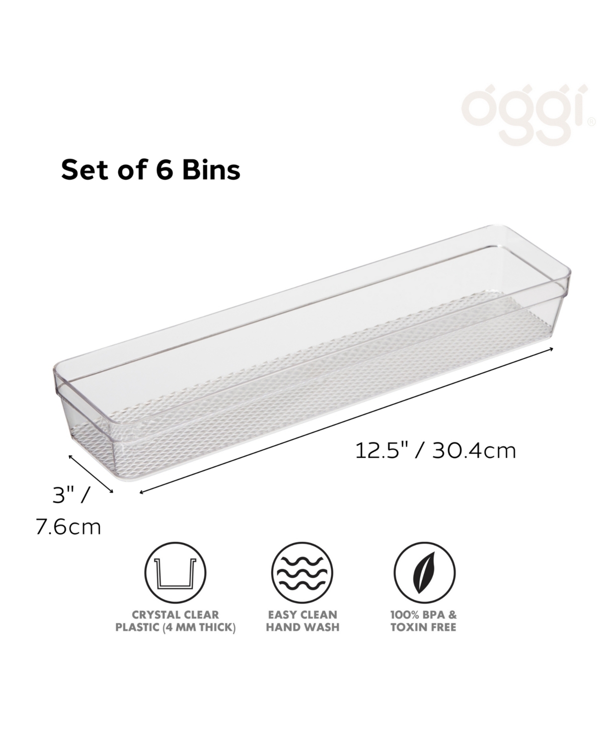 OGGI SET OF 6, 3" X 12.5" CLEAR DRAWER ORGANIZER 
