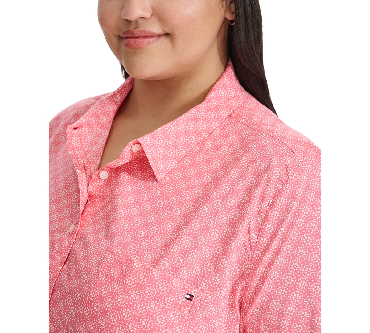 Tommy Hilfiger Plus Size Printed Button-front Cotton Camp Shirt In Tea Rose,white