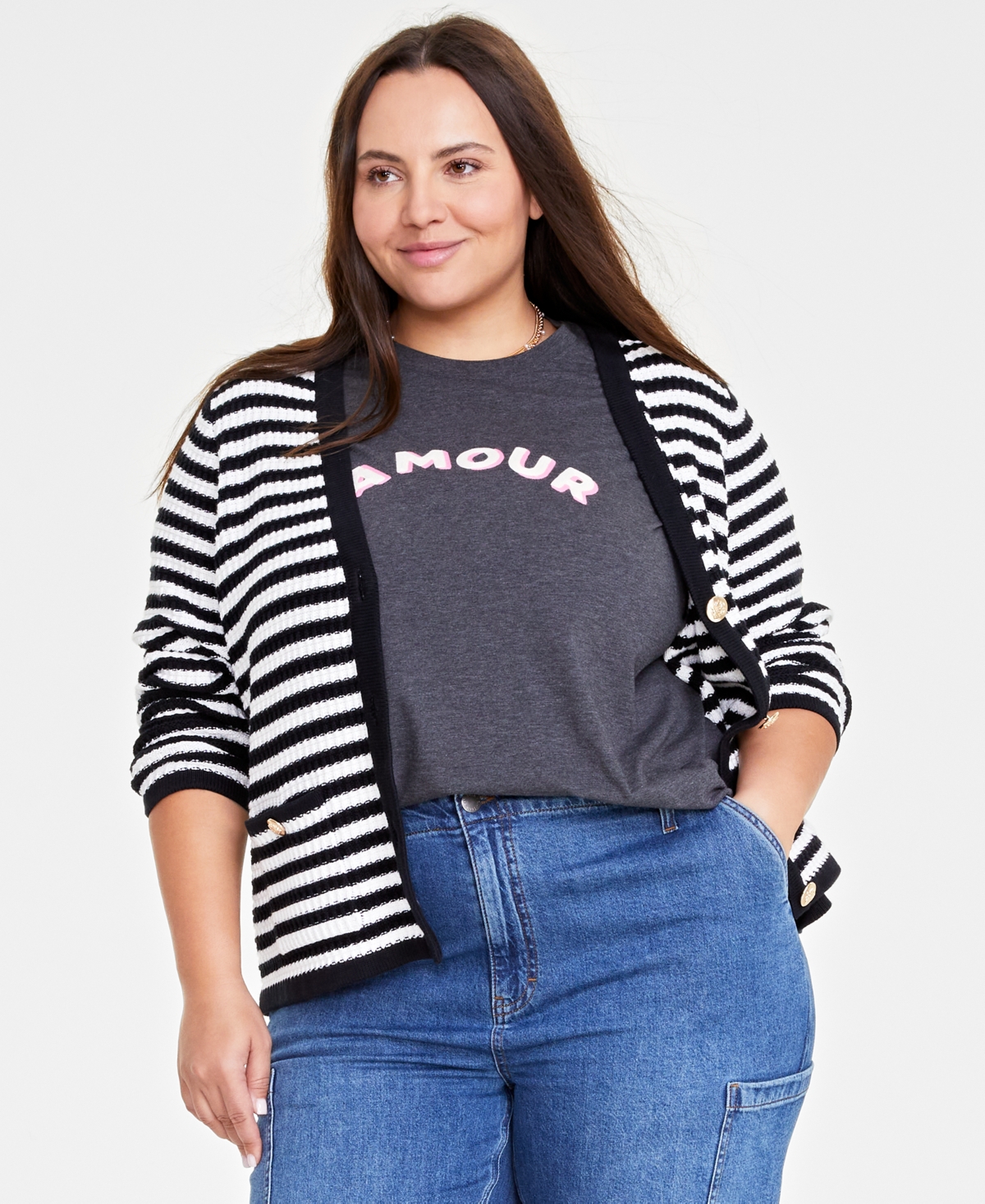 On 34th Trendy Plus Size Cotton Button-front Cardigan, Created For Macy's In Washed White Combo