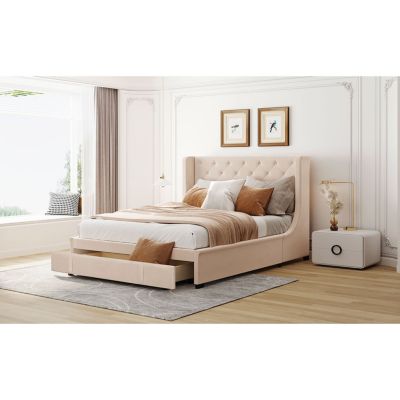 Streamdale Velvet Wingback Storage Platform Bed with Drawer