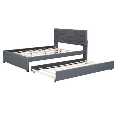 Full Size Upholstered Platform Bed With Brick Pattern Headboard And Twin Size Trundle, Linen