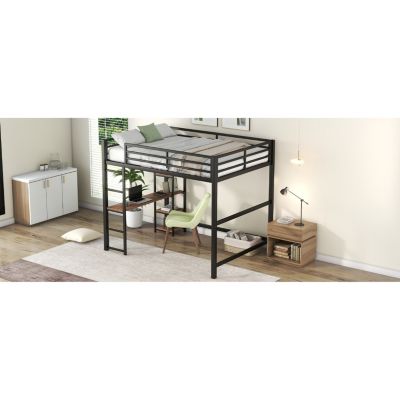 Full Size Metal Loft Bed With Built-In Desk And Storage Shelves