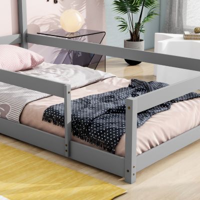 Streamdale Twin-Size Wood Floor Bed with House Headboard and Fences