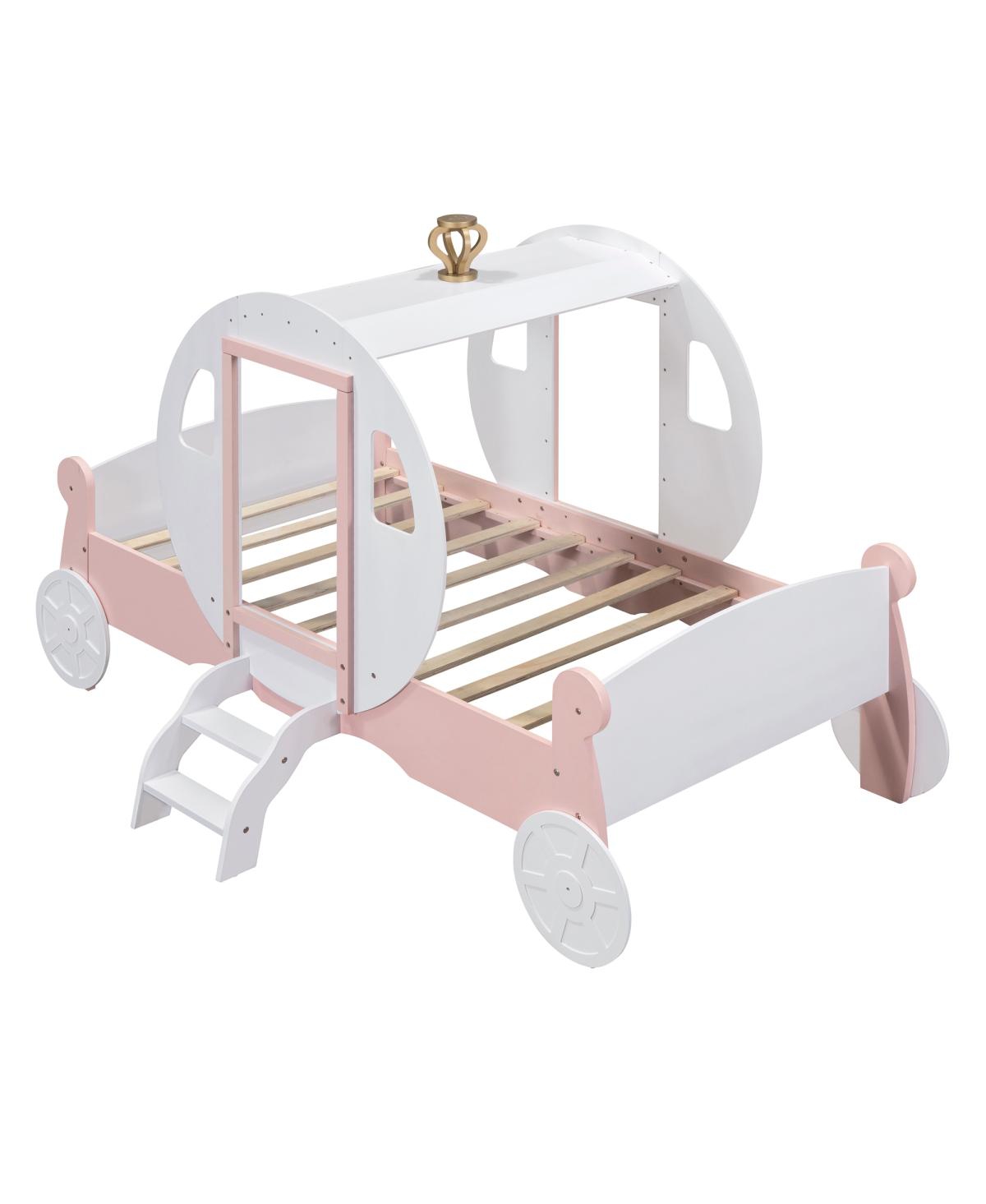 Simplie Fun Twin Size Princess Carriage Bed With Crown, Wood Platform Car Bed With Stair+Pink