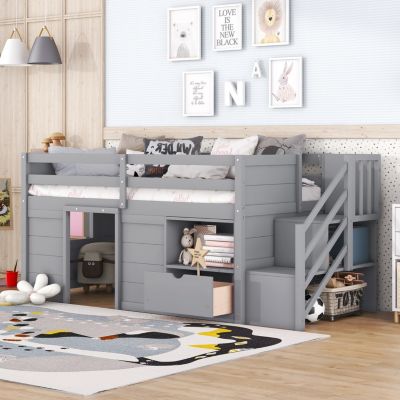  Twin Loft Bed with Stair, Drawer, Shelf
