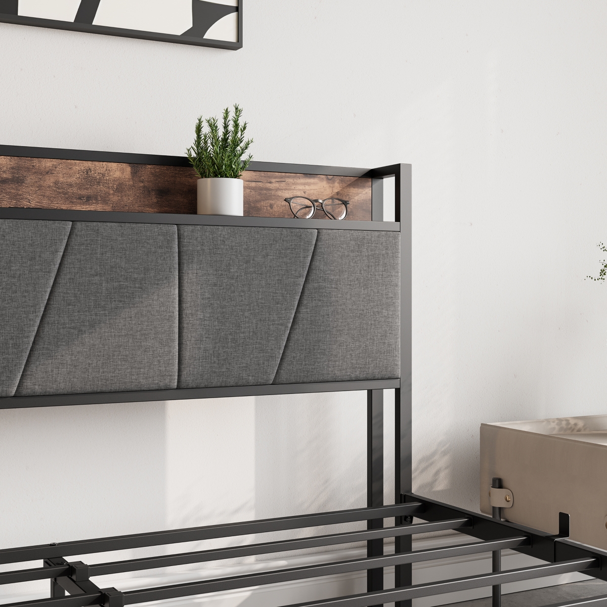Streamdale Furniture Vintage Brown Size Bed Frame with Storage and Charging Station