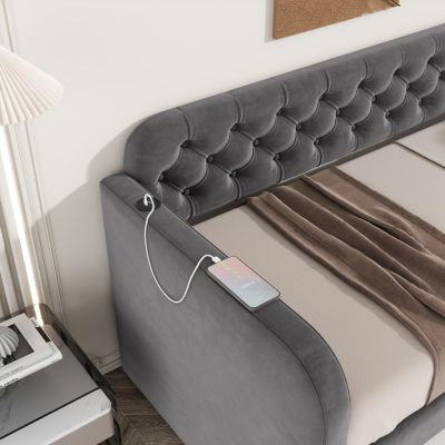 Velvet Upholstered Daybed with Trundle and USB Charging