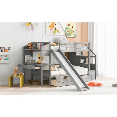 Streamdale White Twin Bunk Bed with Staircase, Slide, and Desk
