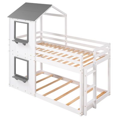 Streamdale Twin Over Twin Bunk Bed Wood Bed With Roof, Window, Guardrail, Ladder