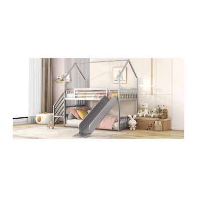 Twin Size Metal Bunk Bed House Bed With Slide And Staircase