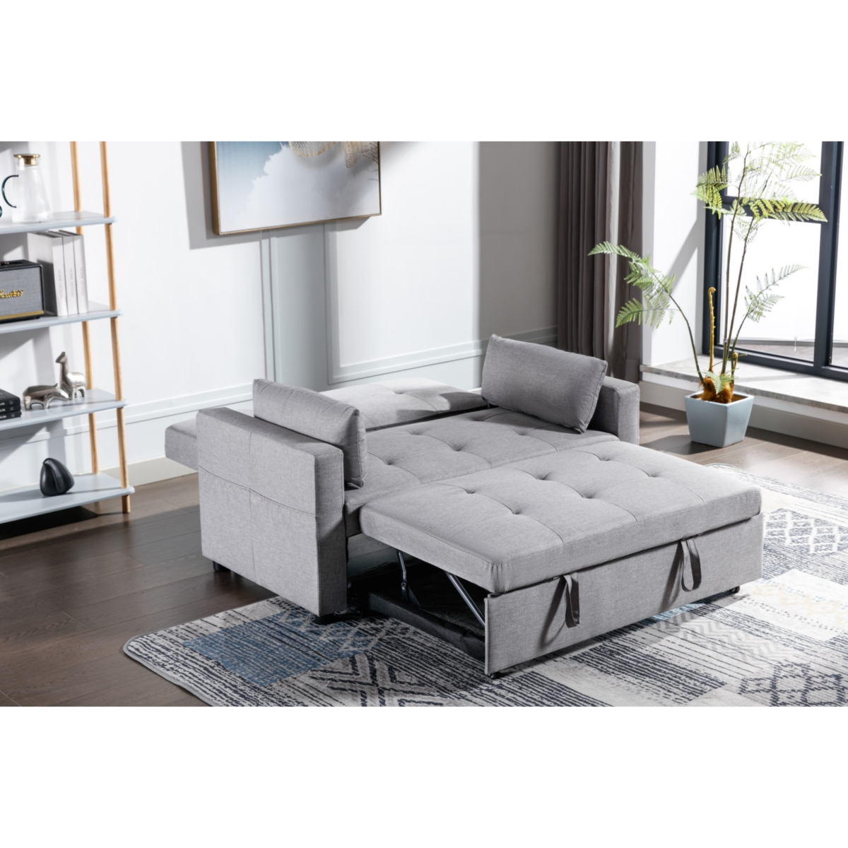 Streamdale FurnitureLinen Fabric 3-In-1 Convertible Sleeper Loveseat With Side Pocket - Light grey
