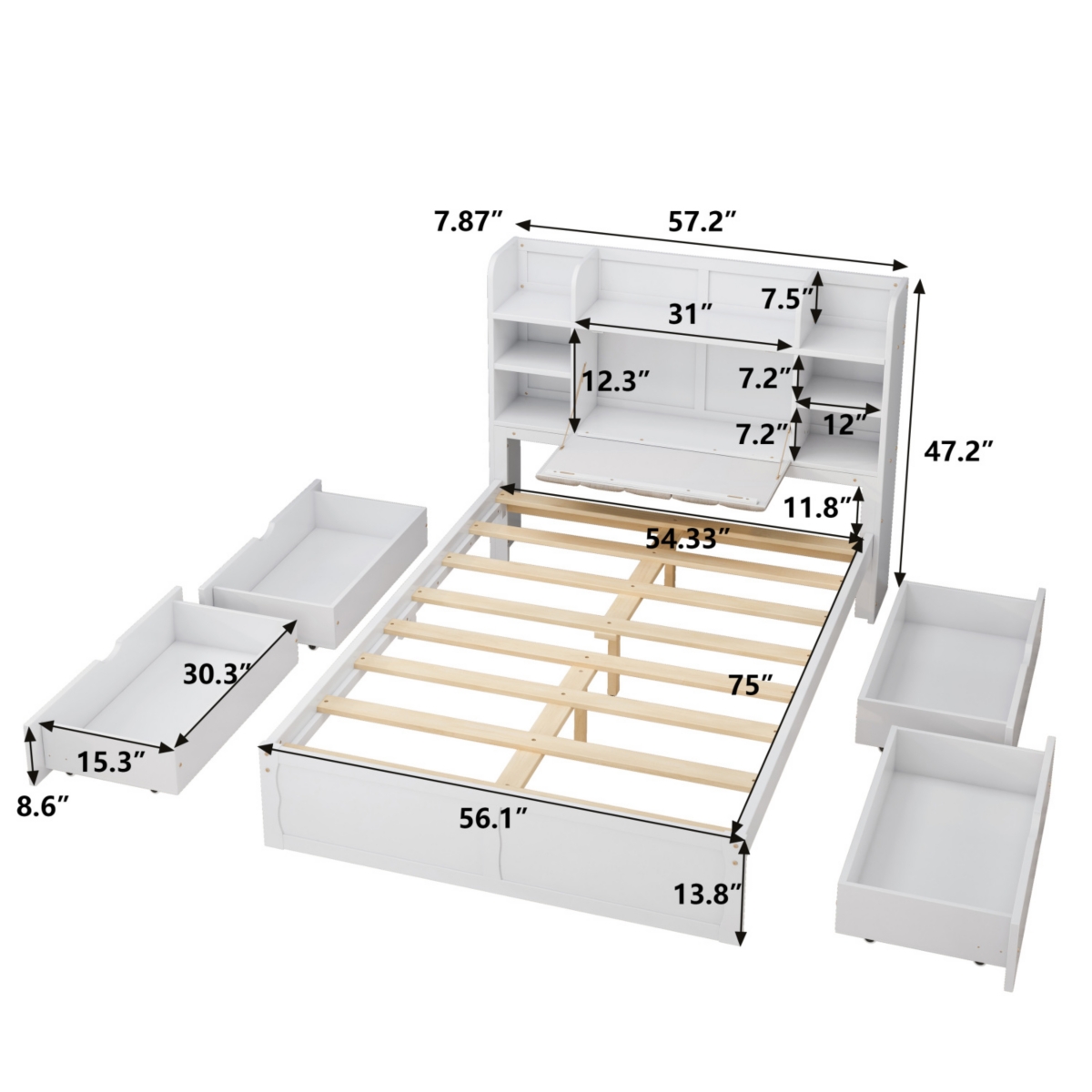 Streamdale Furniture Size Bed Frame with Storage and Shelves,- White