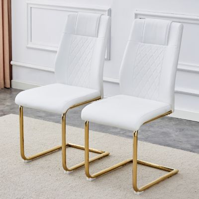 4 Modern Golden Leg Cushioned Chairs, White+PU
