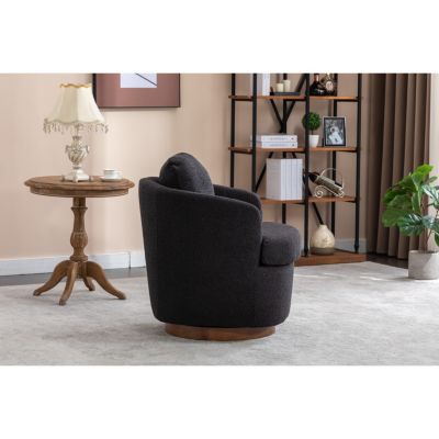 Black Boucle Swivel Accent Chair with Wood Base