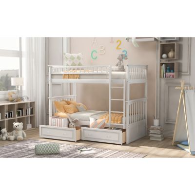 Twin Size Over Pine Wood Bunk Bed With Drawers, Convertible Beds