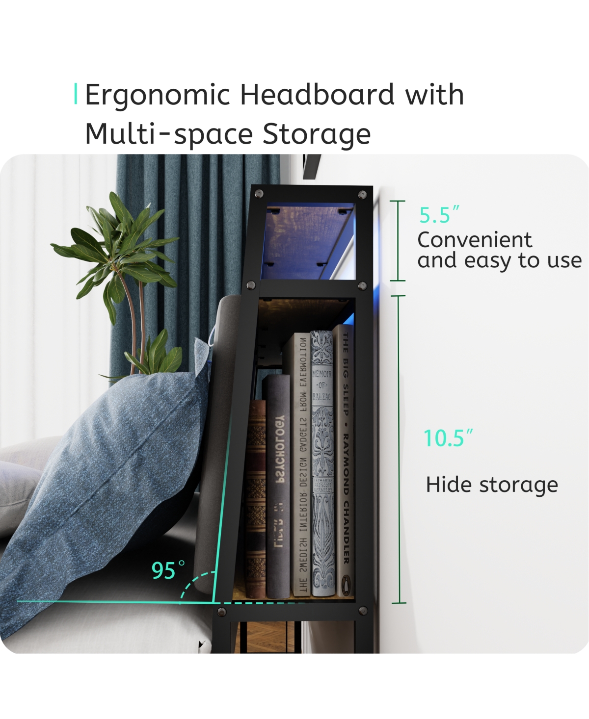 Streamdale Furniture Bed Frame with Storage, Ergonomic Headboard, Bed Frame with 2 Storage Drawers, Built in Charging Station & Led, Outlets & Us