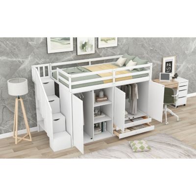 Streamdale 3-Shelf Loft Bed with Storage Units and Ladder