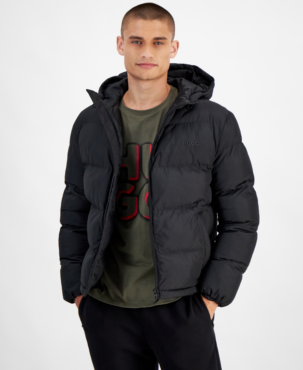 Hugo Boss Hugo By  Men's Beazly2436 Slim-fit Quilted Full-zip Hooded Puffer Jacket In Black