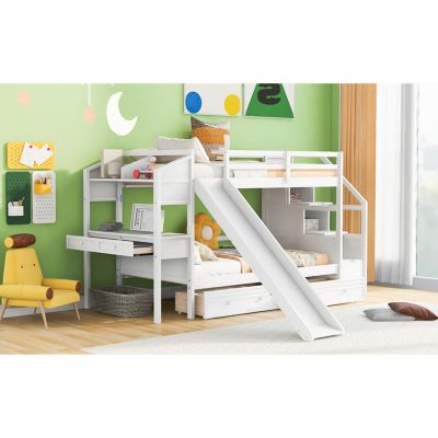 Twin Bunk Bed with Storage, Slide, Desk, and Drawers