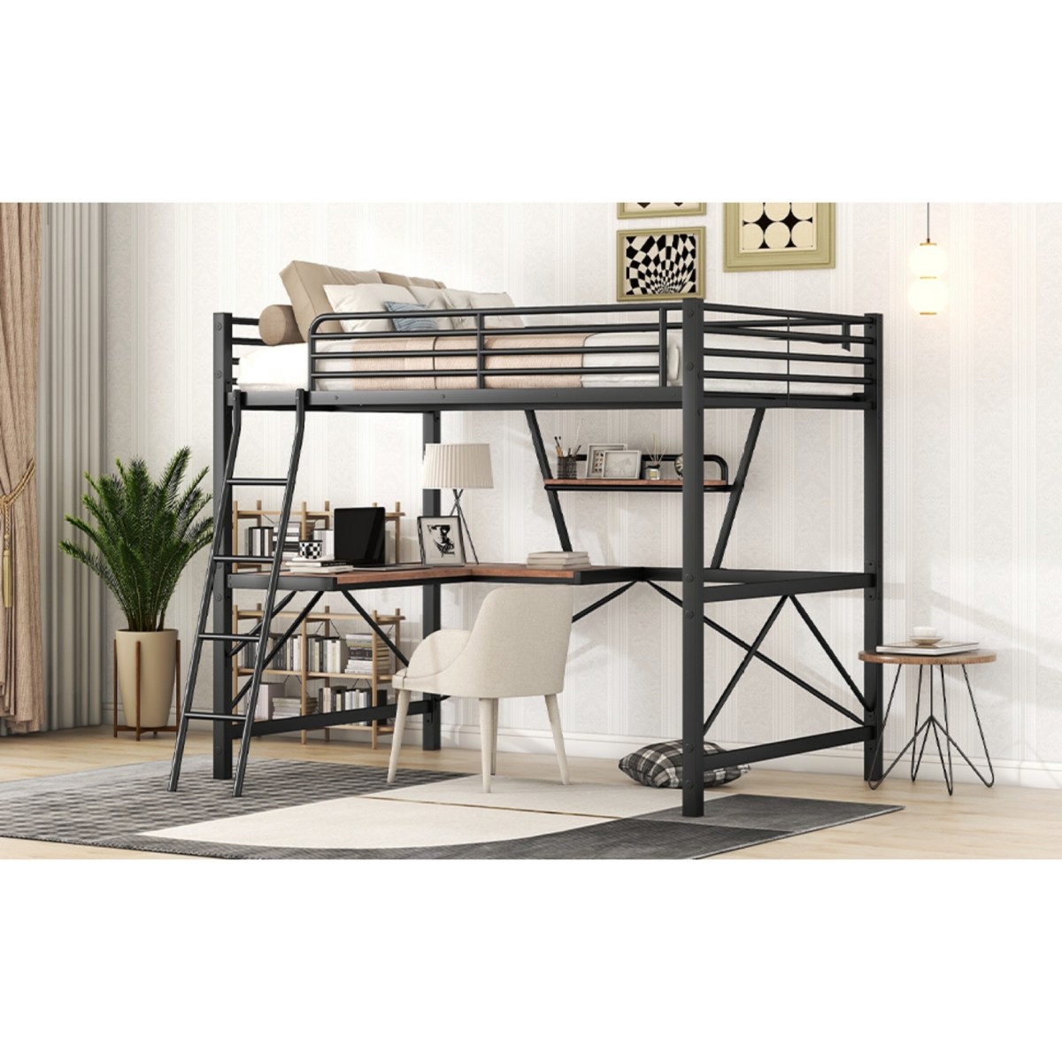 Simplie Fun Full Size Loft Metal&Mdf Bed With Desk And Shelf