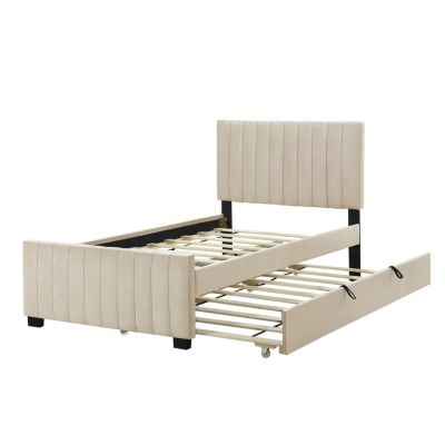 Twin Size Velvet Upholstered Platform Bed With Twin Size Trundle