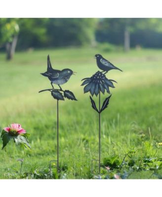 Iron Metal Cut Out Bird And Flower Garden Stake (Set of 2)