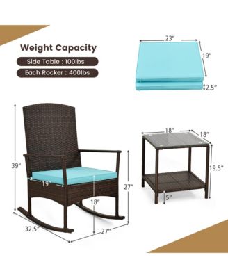 3 Pieces Rocking Wicker Bistro Set Outdoor Front Porch Rocker Chairs Conversation Set Turquoise
