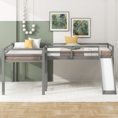 Streamdale L-Shaped Twin Size Loft Bed With Ladder And Slide, Gray