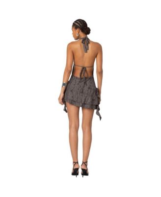 Women's Shredded Backless Halter Mini Dress
