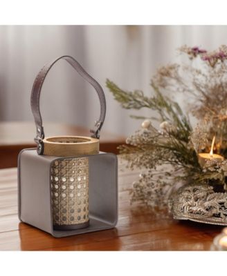 Metal Candle Holder With Wood And Leather Accents