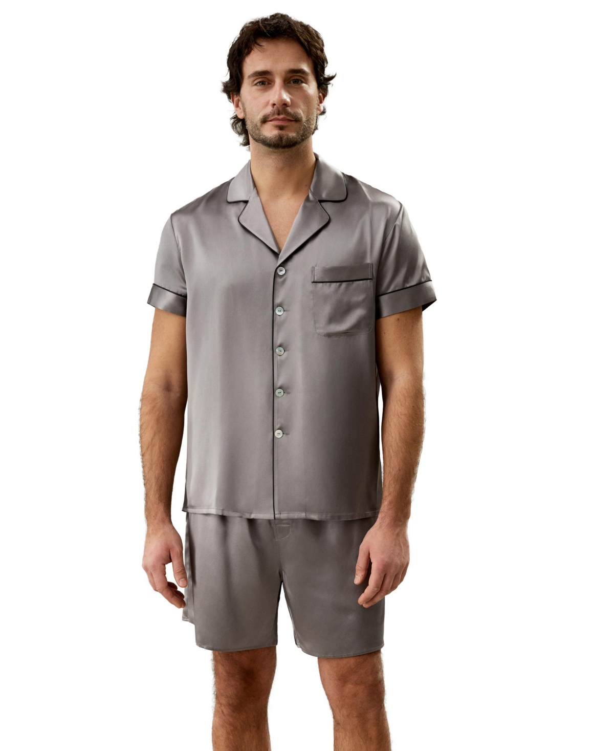 Men's 22 Momme Contrast Trim Short Silk Pajama Set for Men - Dark gray