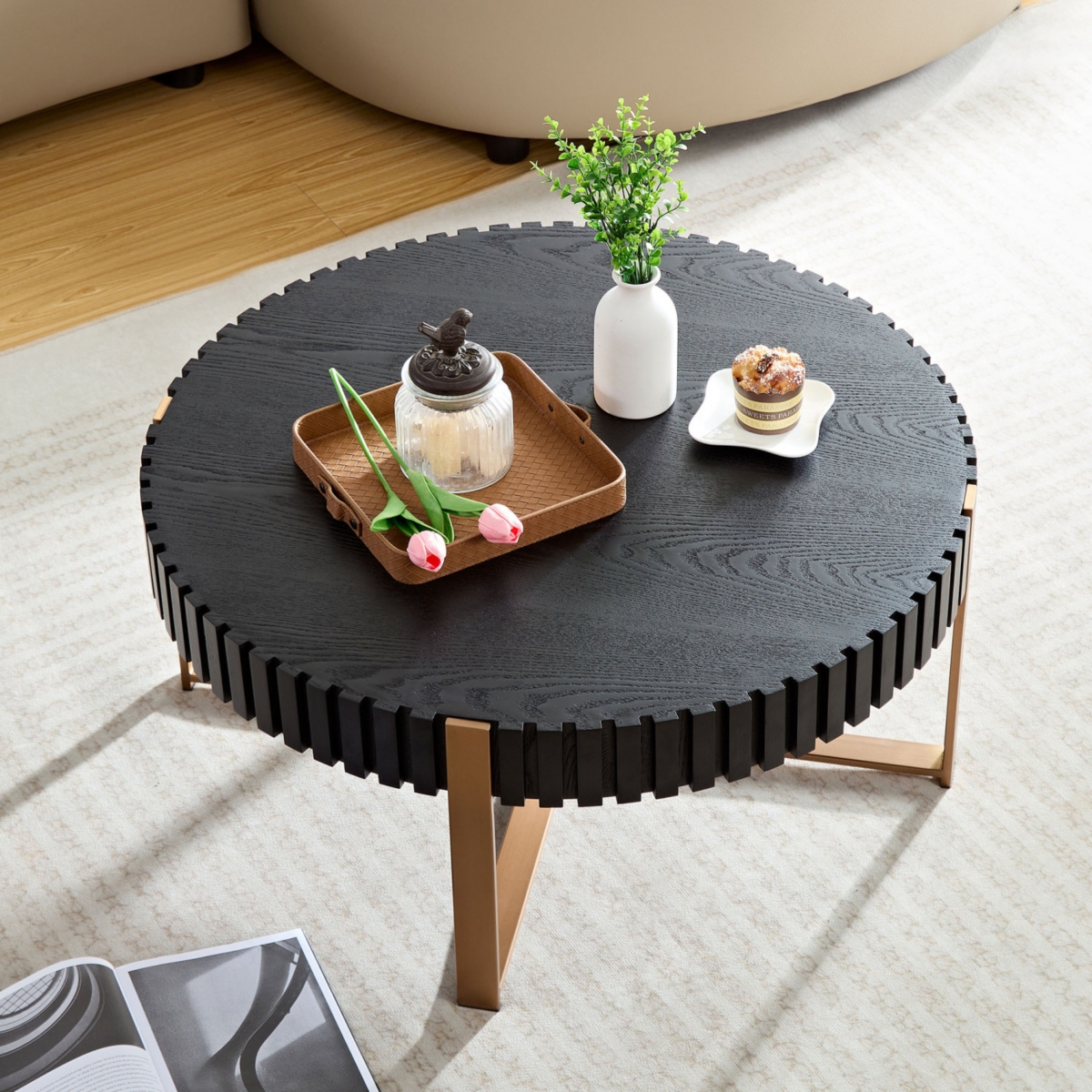 Streamdale Furniture Modern Coffee Table with Stainless Steel Base and Manchurian Ash Grain Surface