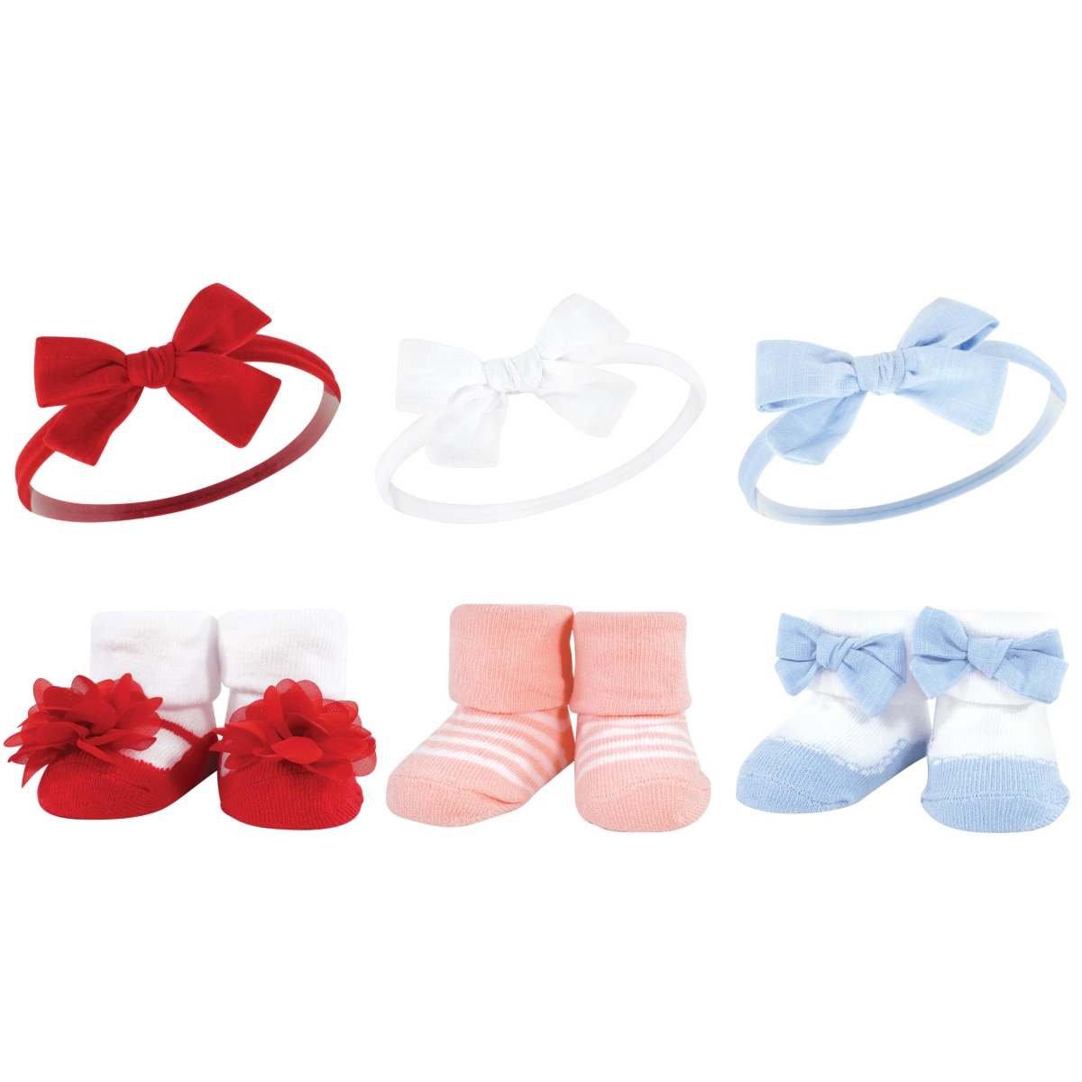 Hudson Baby Infant Girl 12Pc Headband and Socks Giftset, One Size - Red blue