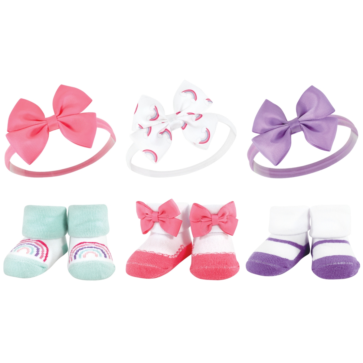 Hudson Baby Infant Girl 12Pc Headband and Socks Giftset, One Size - Purple rainbow