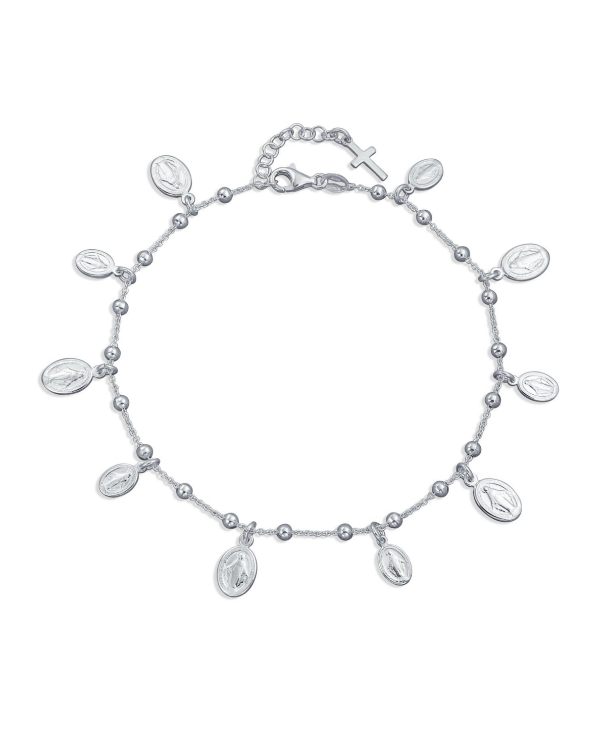 Multi Charm Virgin Mary Medallion Religious Dangle Anklet Ankle Bracelet Sterling Silver Long 10 Inch 1" - Silver a