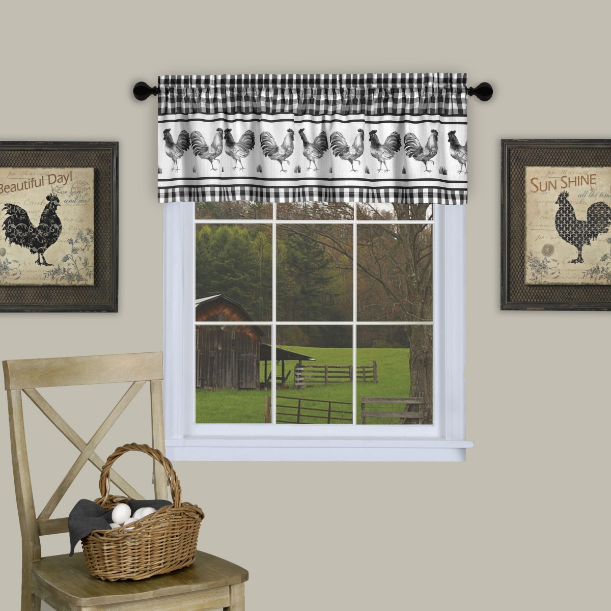 Kate Aurora Country Farmhouse Barnyard Plaid Rooster Kitchen Curtain Tier & Valance Set