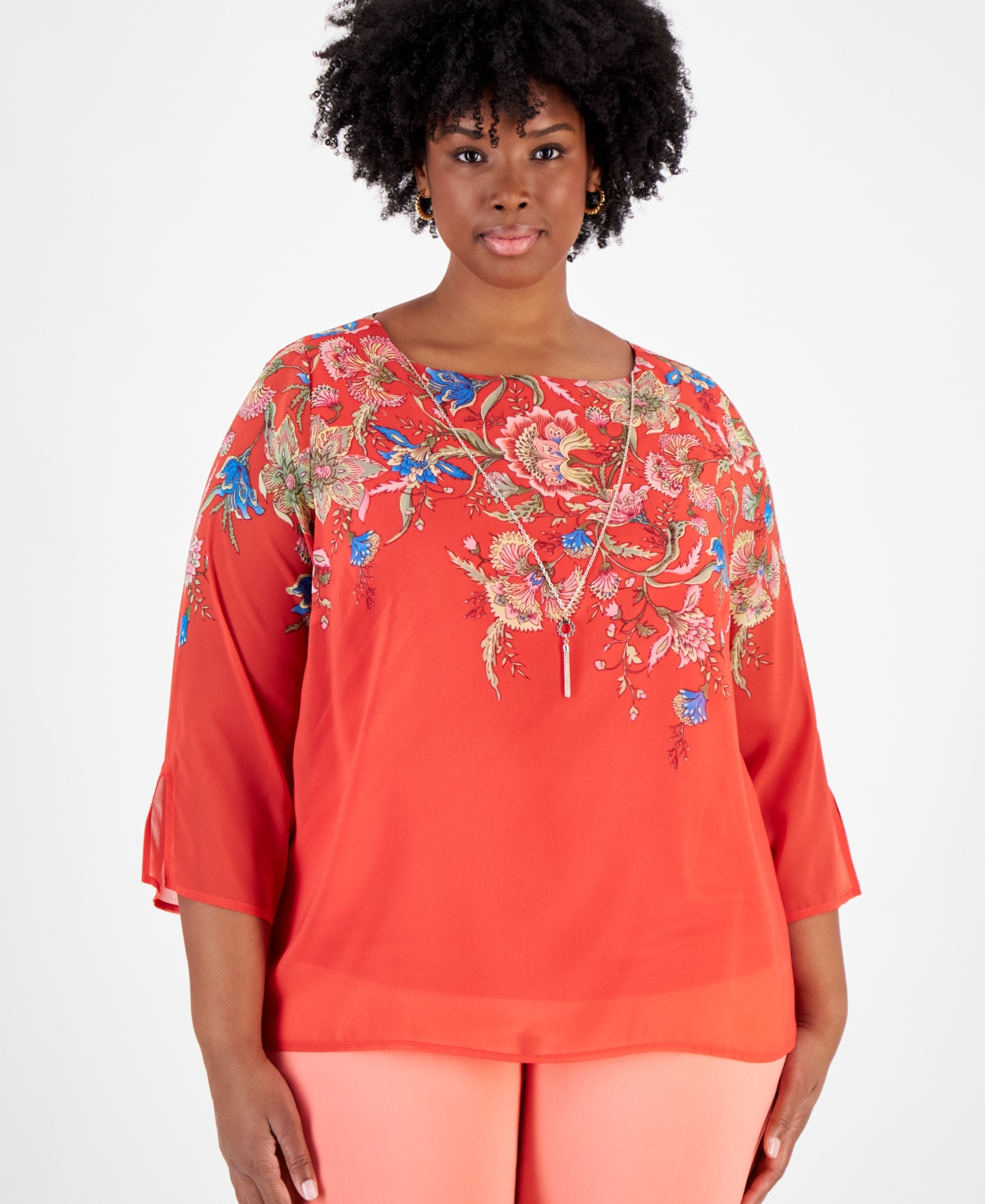 JM COLLECTION PLUS SIZE TASSEL-NECKLACE FLORAL-PRINT TOP, CREATED FOR MACY'S 