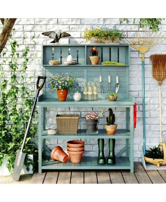 Large Rustic Outdoor Potting Bench with 4 Shelves, Green