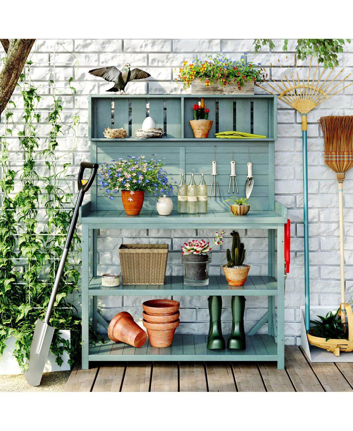 Simplie Fun Large Rustic Outdoor Potting Bench with 4 Shelves, Green